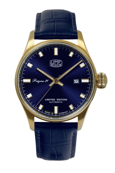 UMF Ruhla Automatik Präzisa 21 Herrenuhr mit ETA 2824-2 Elabore Uhrwerk, vergoldetem Titan-Gehäuse, Saphirglas, dunkelblauem Zifferblatt und handgearbeitetem Lederband mit Kroko-Prägung. Limitierte Edition mit 99 Exemplaren.